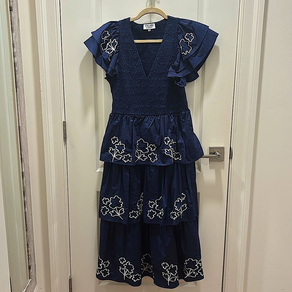 Crosby by Mollie Burch Navy Tiered Ruffle Dress Medium  NEW without tags